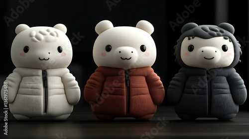 Three Adorable Cartoon Bear Figures in Padded Jackets Ready for Winter