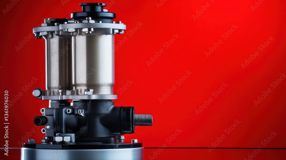 A professionally crafted wastewater pump with robust motor housing, set on a vivid red background A professionally crafted wastewater pump with robust motor housing, set on a vivid red background