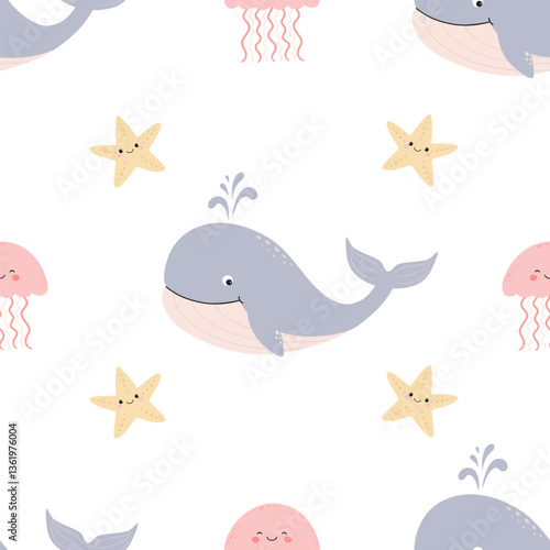 Seamless pattern with cute catroon jellyfish, starfish and whale. Vector.