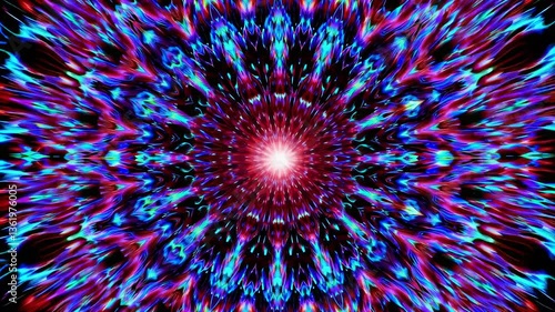 Psychedelic video effect with a kaleidoscopic burst of vibrant colors. Top-down camera angle enhances the dynamic, symmetrical explosion. Live desktop wallpaper.