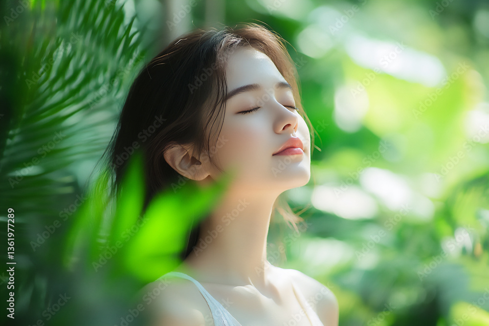 young woman with closed eyes standing outdoors in nature and breathing deeply, taking deep breaths to relax her mind during meditation or yoga practice. young woman with closed eyes standing outdoors in nature and breathing deeply, taking deep breaths to relax her mind during meditation or yoga practice.