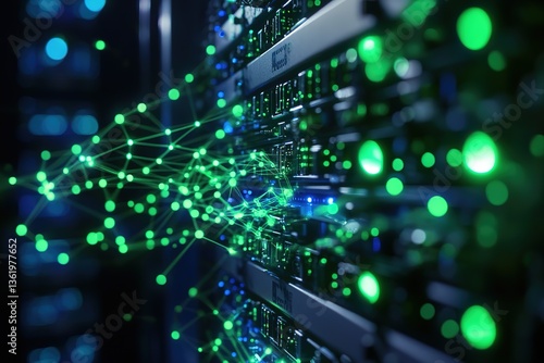 Data Center Servers Illuminated with Network Connections and Abstract Glowing Lights
