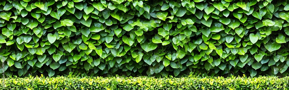Dense green wall adorned with vibrant leaves and lush hedge trimming Dense green wall adorned with vibrant leaves and lush hedge trimming