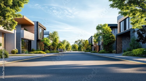 Modern suburban street lined with contemporary homes, vibrant greenery, and a clear blue sky in the background