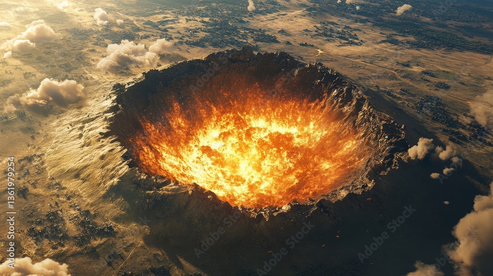 custom made wallpaper toronto digitalA large, fiery meteorite impacting the ground, creating a massive crater, surrounded by smoke and debris