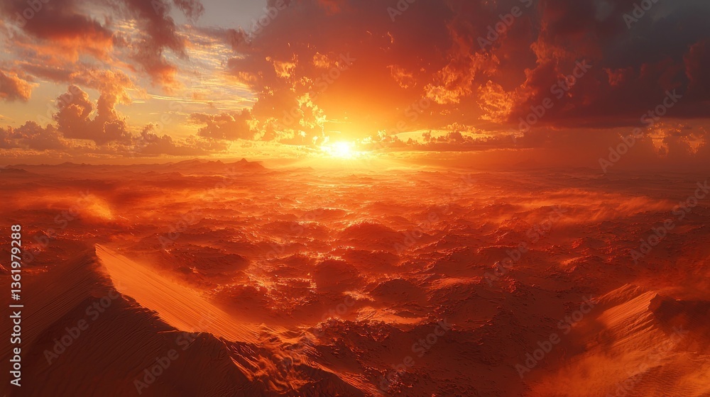 Fototapeta premium Fiery sunset over a vast, orange landscape.