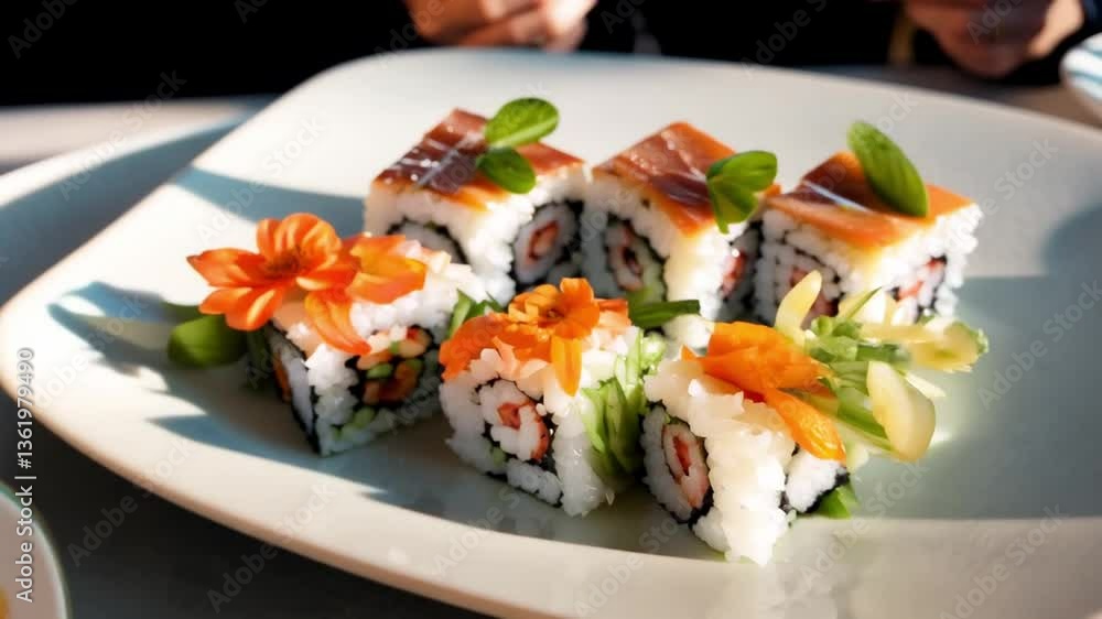 Colorful Sushi Rolls on Plate with Fresh Ingredients and Creative Presentation for Culinary Enthusiasts Colorful Sushi Rolls on Plate with Fresh Ingredients and Creative Presentation for Culinary Enthusiasts