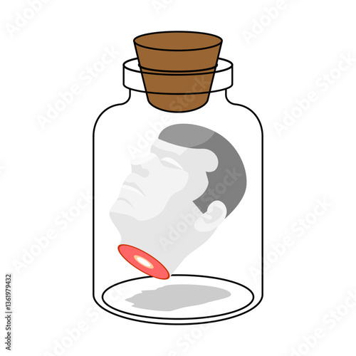 severed head inside glass jar. Alchemical experiment. Ancient spells. Witch's vessel