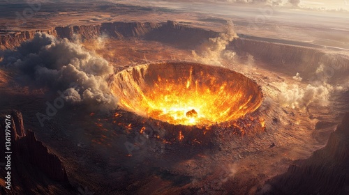 A large, fiery meteorite impacting the ground, creating a massive crater, surrounded by smoke and debris