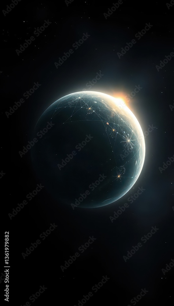 Fototapeta premium Celestial orb dominates inky black canvas, ethereal glow, soft light, cosmic energy, mystical, energy