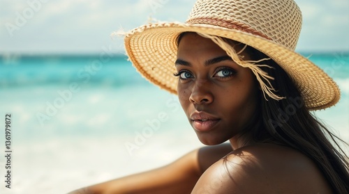 Joyful young woman, sunlit ocean waves behind her, embracing summer bliss
