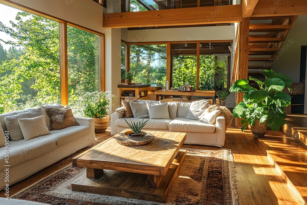 Fototapeta premium Sunny modern living room, white sofas, rustic table, indoor plants, large windows, nature view