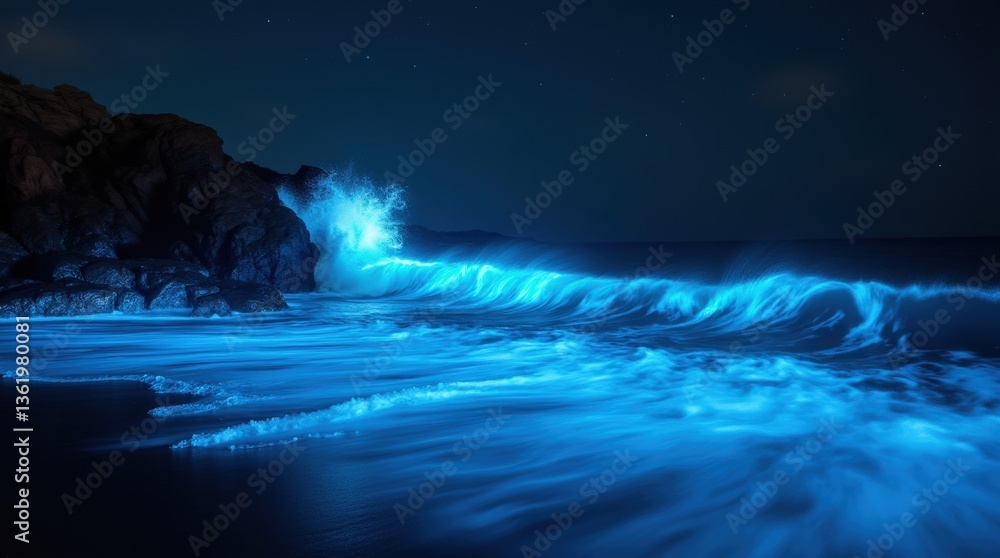 Fototapeta premium A breathtaking night seascape. crashing waves glow neon blue from Bioluminescent Algae Bloom