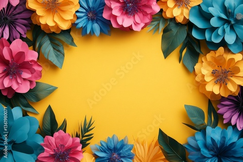 Vibrant paper flowers arranged on a bright yellow background for creative design projects