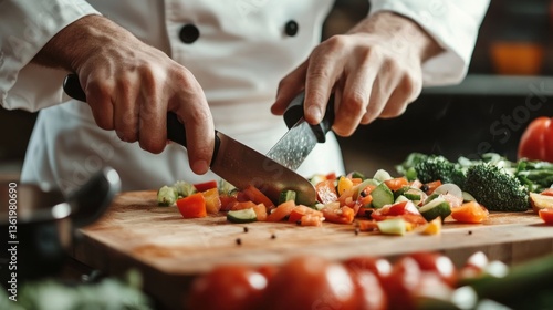 Chef preparing fresh vegetables, culinary art, healthy food, kitchen scene, cooking process, vibrant colors, delicious meal, wood cutting board, knife skills, professional chef