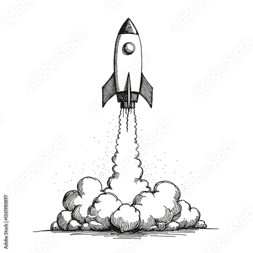 Rocket sketch launching with smoke clouds  