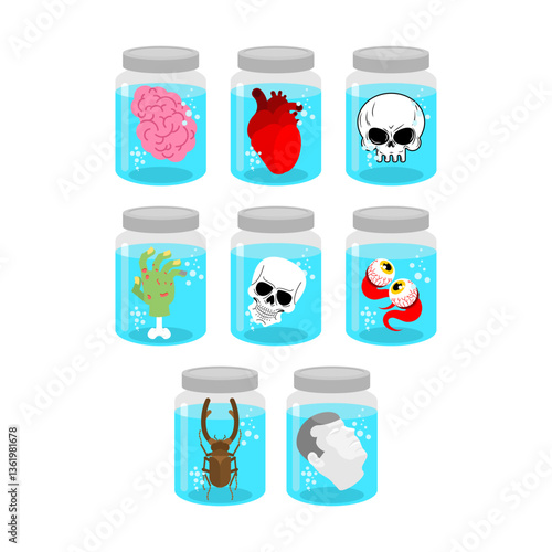 Alchemical jars set. Witches' potions. Pickled body parts. Horrible experiments.