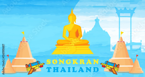 A colorful graphic design that celebrate Songkran festival in Thailand, featuring the word "Songkran Thailand" and an image of a Buddha statue with some stupa and water guns.