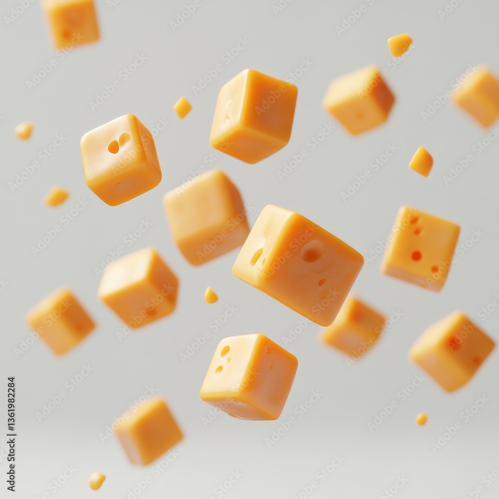 Flying cubic pieces of delicious cheese, isolated on white background Flying cubic pieces of delicious cheese, isolated on white background