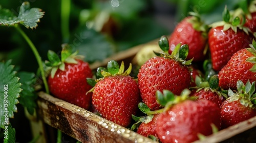 Life in the fields and countryside (agriculture, farming). Closeup of Fresh Red Strawberries in Wooden Crate