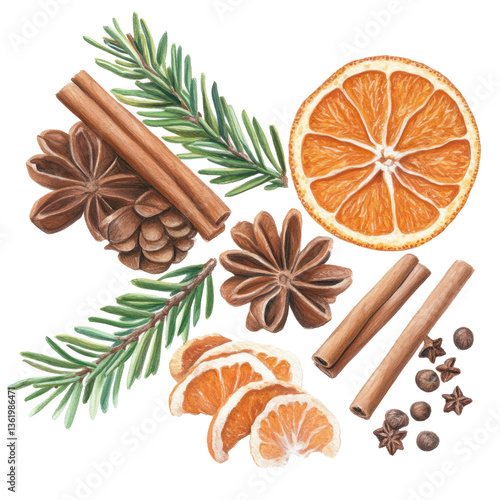 Wallpaper Mural Aromatic Winter's Tale: An exquisite collection of aromatic ingredients, delicately arranged, hinting at the festive season and the warmth of holiday cheer. Capturing the essence of comfort, flavor. Torontodigital.ca