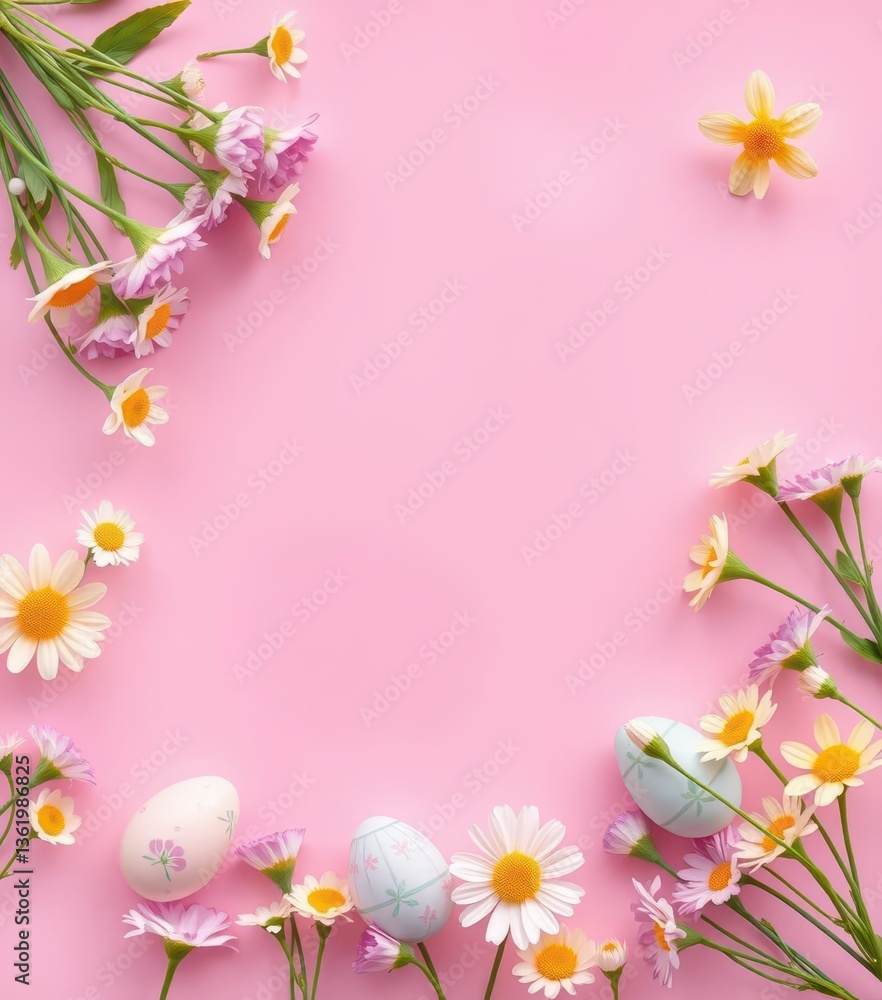 Pastel pink background with scattered pastel Easter eggs and spring flowers, easter bunny, holiday Pastel pink background with scattered pastel Easter eggs and spring flowers, easter bunny, holiday