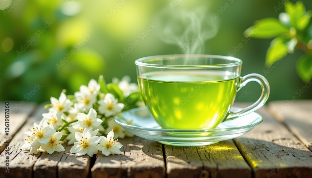 Green tea steaming in cup with jasmine flowers on wooden table Green tea steaming in cup with jasmine flowers on wooden table