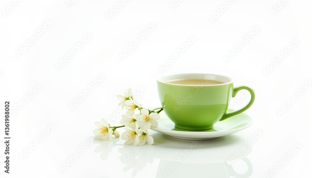 Green tea cup with flowers on white background Green tea cup with flowers on white background