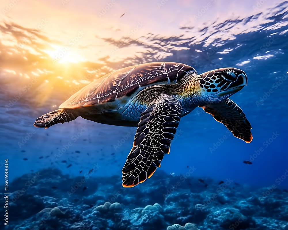 Obraz premium Turtle Underwater Sunrise
