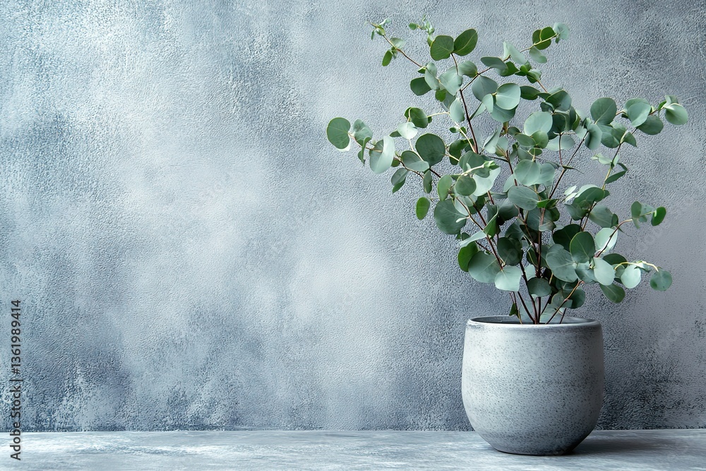 Eucalyptus Plant in Grey Pot Against Textured Blue Concrete Wall; Elegant Indoor Decor Eucalyptus Plant in Grey Pot Against Textured Blue Concrete Wall; Elegant Indoor Decor