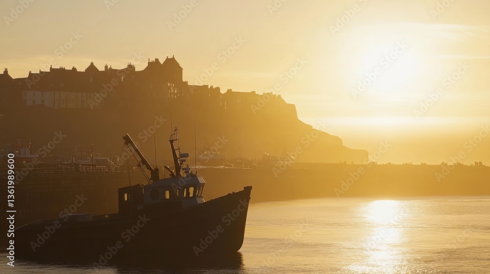 Fototapeta premium Serene Sunrise Over Historic Castle and Fishing Boat in Harbor