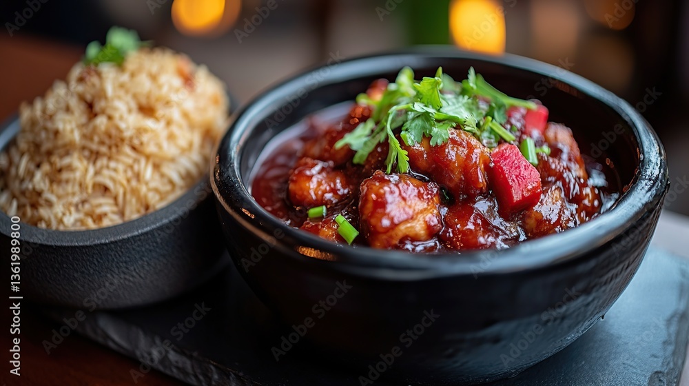 General Tso's Chicken served in a black ceramic bowl, the sauce glistening under warm lighting, with a side of fragrant jasmine rice General Tso's Chicken served in a black ceramic bowl, the sauce glistening under warm lighting, with a side of fragrant jasmine rice
