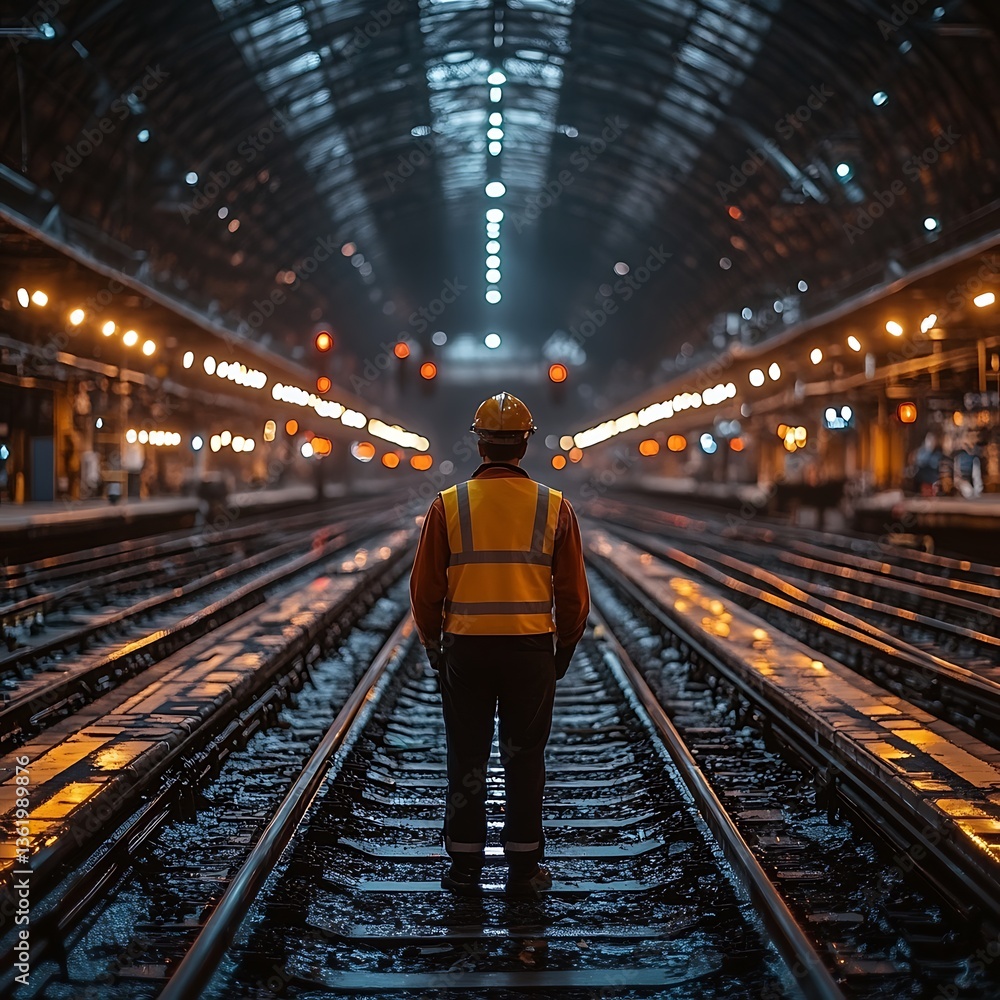 Fototapeta premium An engineer standing alone on train tracks inside of a station