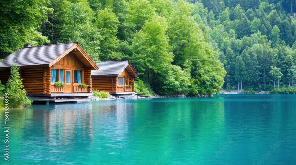 Fototapeta premium Lakeside Cabins: Idyllic lakeside cabins nestled amidst lush greenery, the vibrant blue waters mirroring the tranquil scene, creating a perfect blend of nature and architecture.
