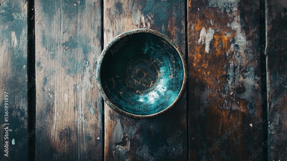 Single ceramic bowl on rustic distressed wood surface Single ceramic bowl on rustic distressed wood surface