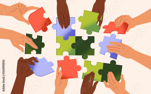 Concept of teamwork, partnership. Diverse human hands put pieces of puzzle in cooperation. International team is coworking, joins to solve jigsaw, works together on project. Flat vector illustration