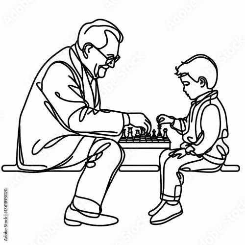Grandfather playing chess with child in line drawing