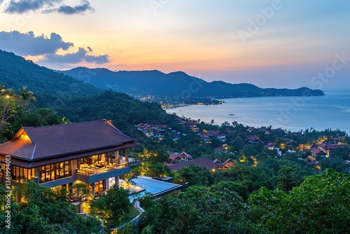 Tropical Villa Resort with Infinity Pool Overlooking Ocean at Sunset, Island Scenery