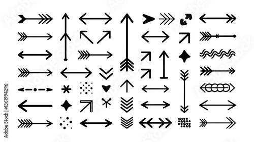 Arrow Icon Collection - A Series of Black Arrows in Various Styles and Sizes, from Simple to Complex, Designed for Graphic Design, Website Elements, and UI/UX Directional Elements