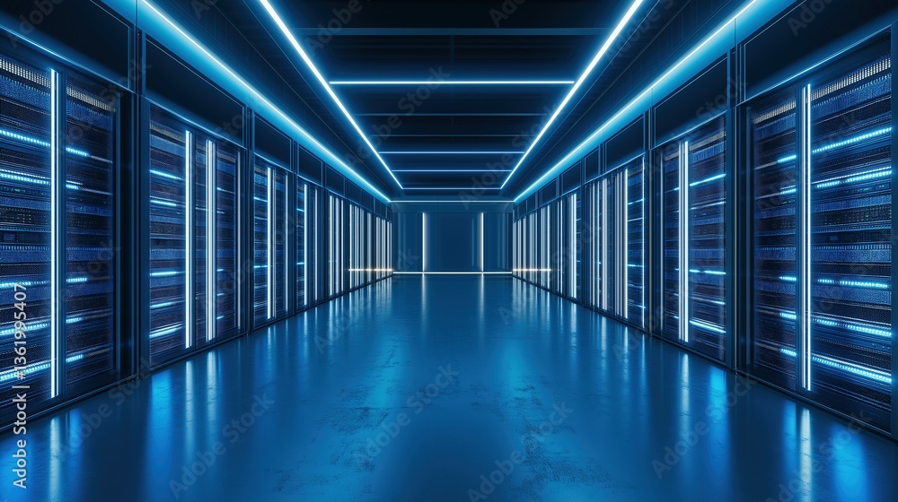 Glowing server racks in a modern data center, showcasing advanced technology and digital infrastructure. Glowing server racks in a modern data center, showcasing advanced technology and digital infrastructure.