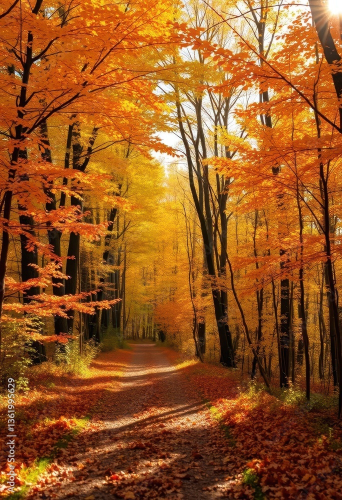 Fototapeta premium Autumnal forest panorama, vibrant foliage, sunlit path, golden leaves, majestic, forest, high resolution