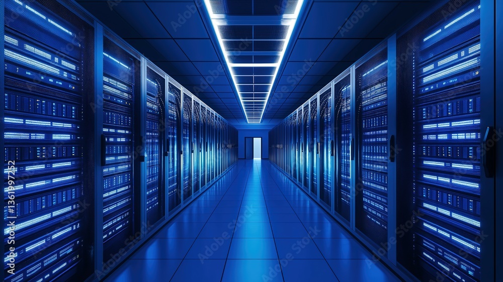 Glowing server racks in a modern data center, showcasing advanced technology and digital infrastructure. Glowing server racks in a modern data center, showcasing advanced technology and digital infrastructure.