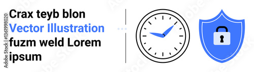 Analog clock with blue hands next to a blue shield featuring a black lock. Ideal for security, time management, productivity, safety, planning, protection, and a simple landing page