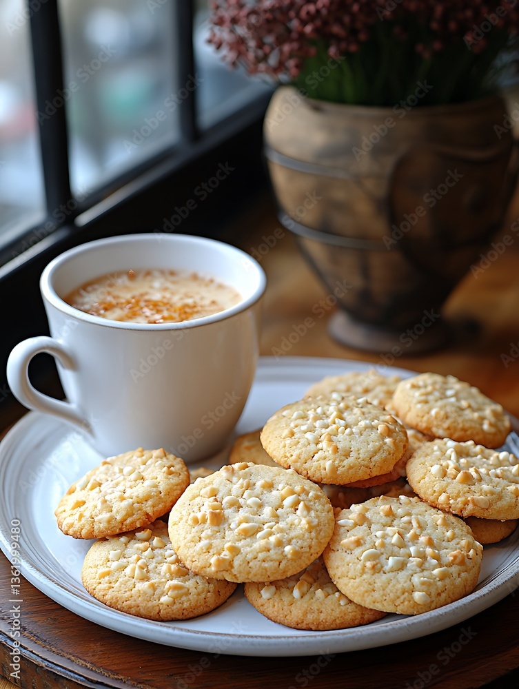 A cozy arrangement featuring cookies and a beverage is visible A cozy arrangement featuring cookies and a beverage is visible