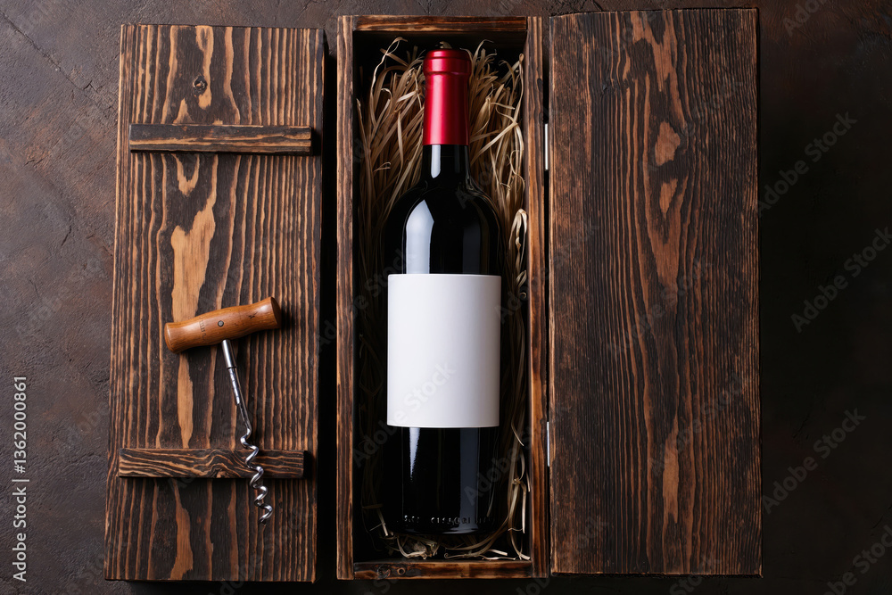 Fototapeta premium Elegant wine bottle in wooden box with corkscrew, perfect gift for wine lovers