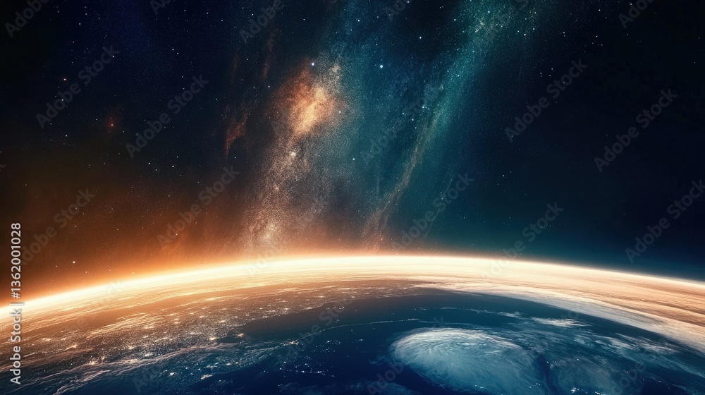 Obraz premium This breathtaking image captures the curvature of Earth set against a stunning cosmic backdrop, illustrating the beauty of our planet amidst the vast universe.