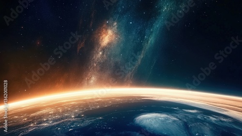 This breathtaking image captures the curvature of Earth set against a stunning cosmic backdrop, illustrating the beauty of our planet amidst the vast universe.