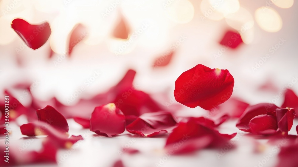 Romantic gesture red rose petals floating in the air white background close-up delicate scene Romantic gesture red rose petals floating in the air white background close-up delicate scene