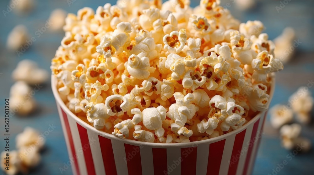 Fluffy popcorn kernels in redstriped bucket at movie night cozy home setting close-up shot for snacks lovers Fluffy popcorn kernels in redstriped bucket at movie night cozy home setting close-up shot for snacks lovers