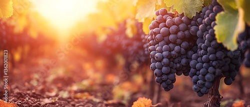 A beautiful vineyard with ripe grapes bathed in sunlight